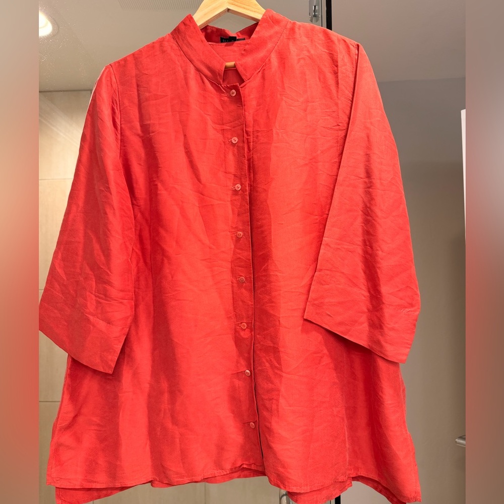 Eileen Fisher Silk Georgette Crepe Mandarin/Band Collar Shirt - Size X-Large/XL